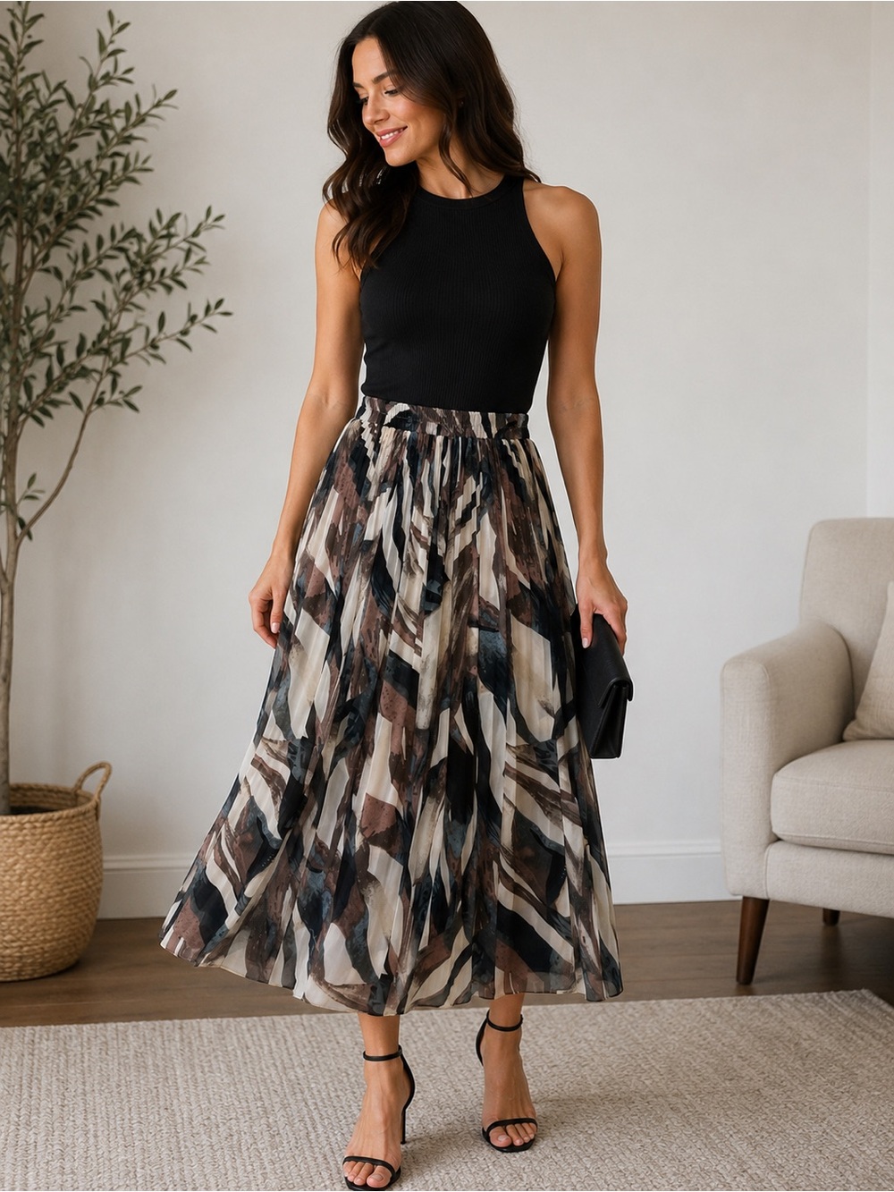 Pleated Abstract Print Midi Skirt - Black, Brown & Cream
